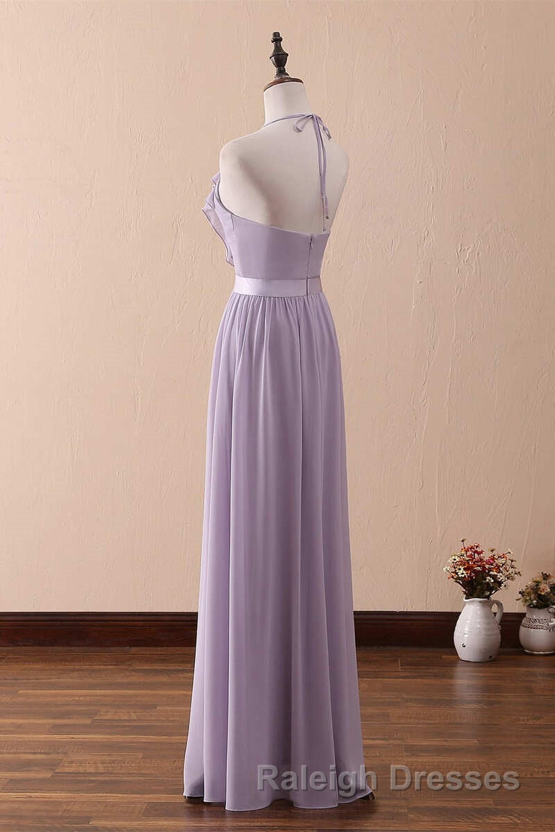 Lilac Halter Open Back Ruffled Long Bridesmaid Dress