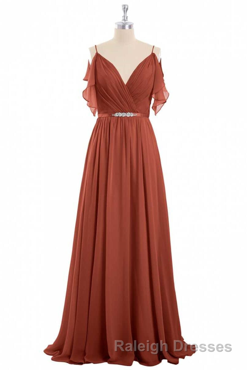 Rust Orange Chiffon Cold-Shoulder Long Bridesmaid Dresses