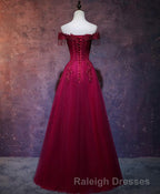Burgundy Tulle Lace Off Shoulder Long Prom Dress, Burgundy Lace Evening Dress