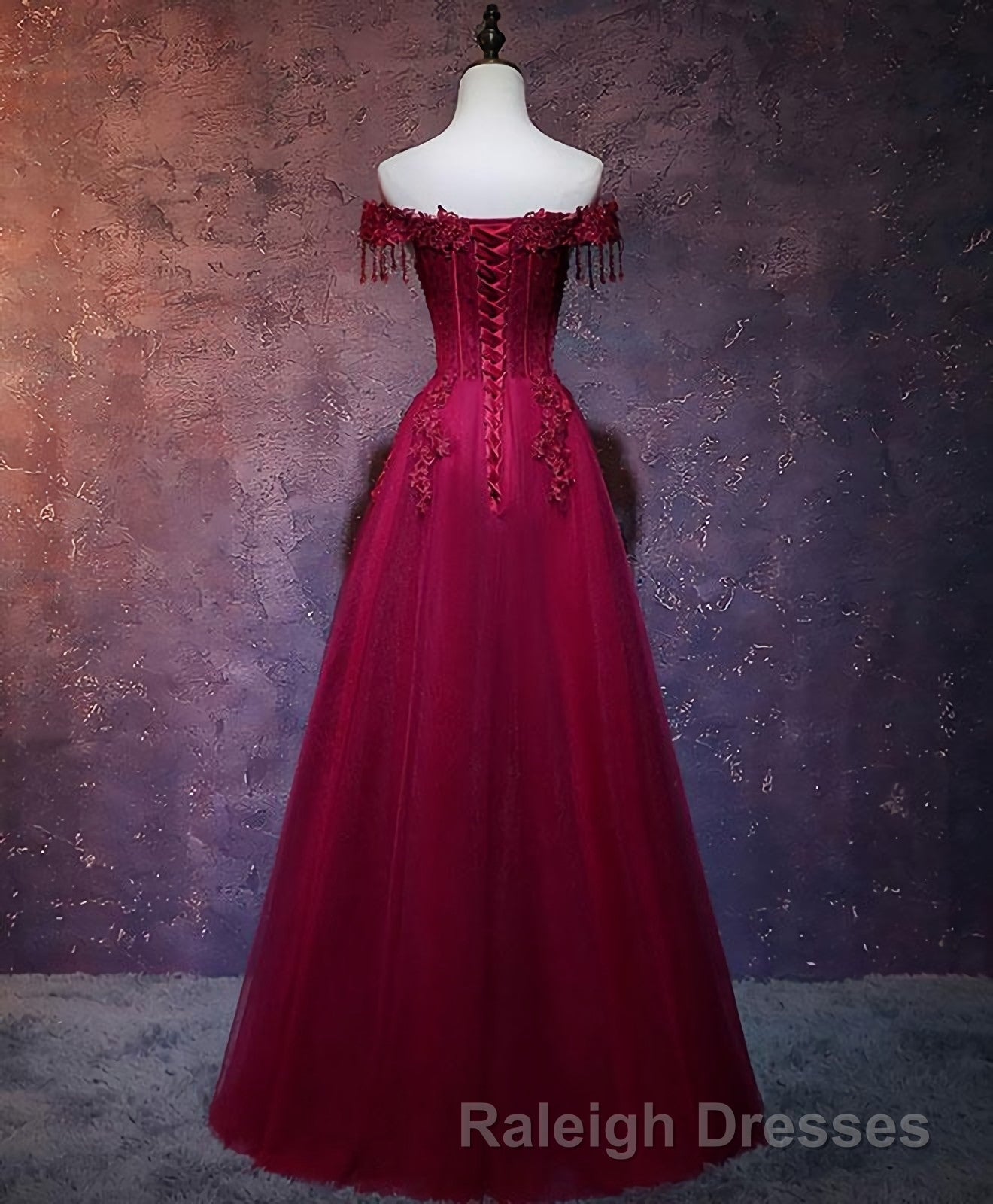 Burgundy Tulle Lace Off Shoulder Long Prom Dress, Burgundy Lace Evening Dress