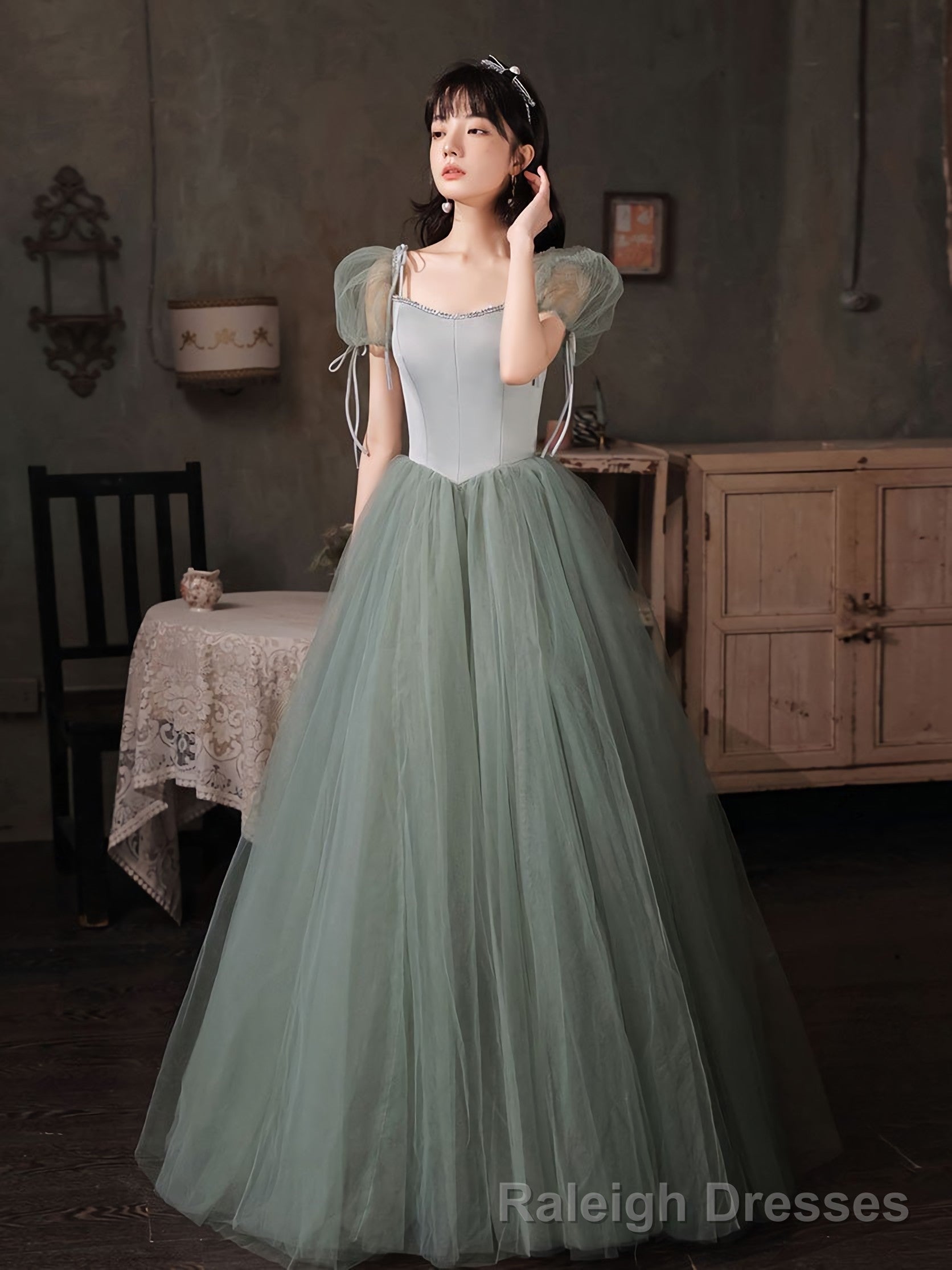 Gray Green Tulle Long Prom Dress Green Tulle Formal Dress Secondary image