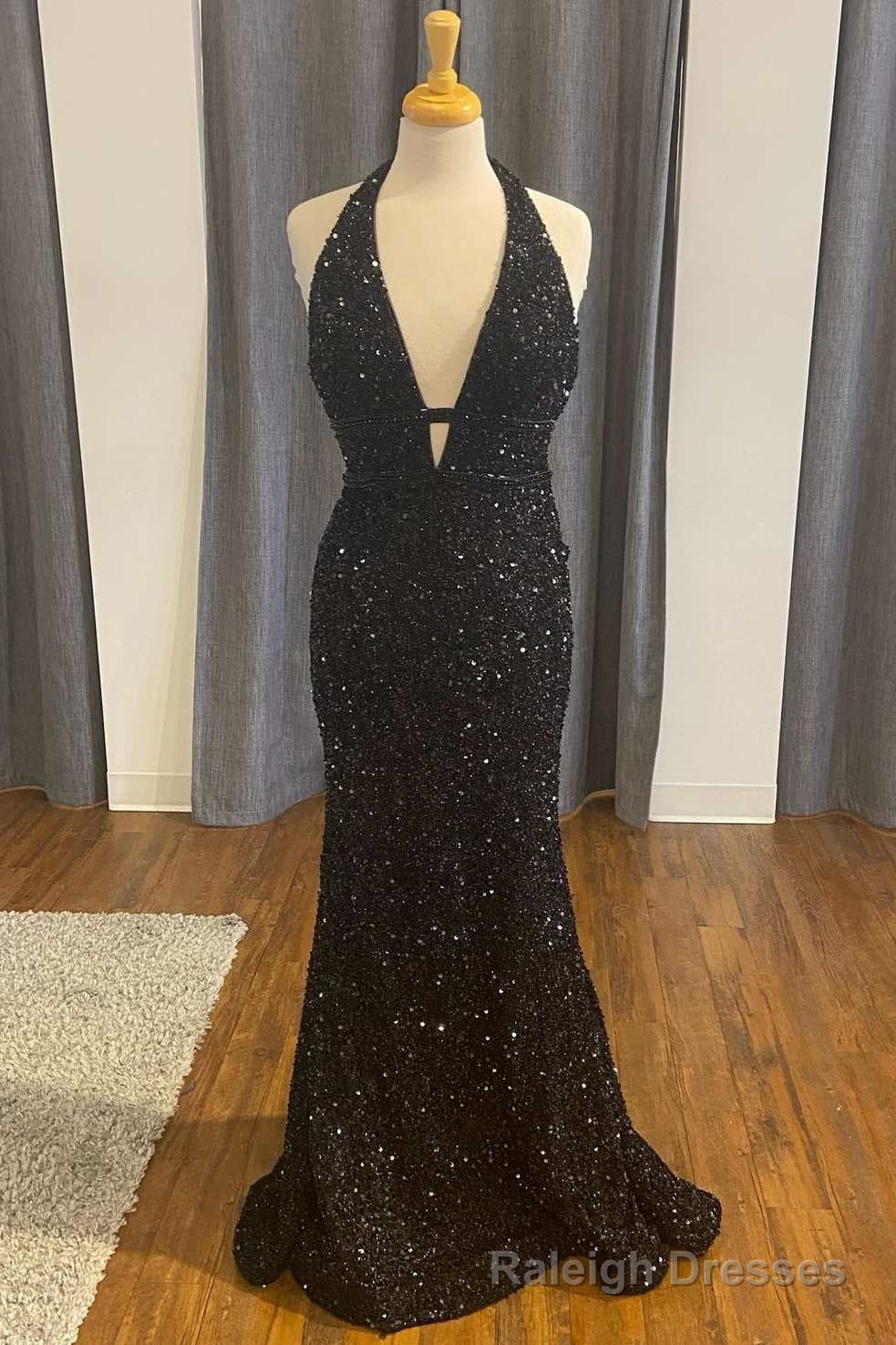 Black Sequin Halter Mermaid Long Prom Dress Main image