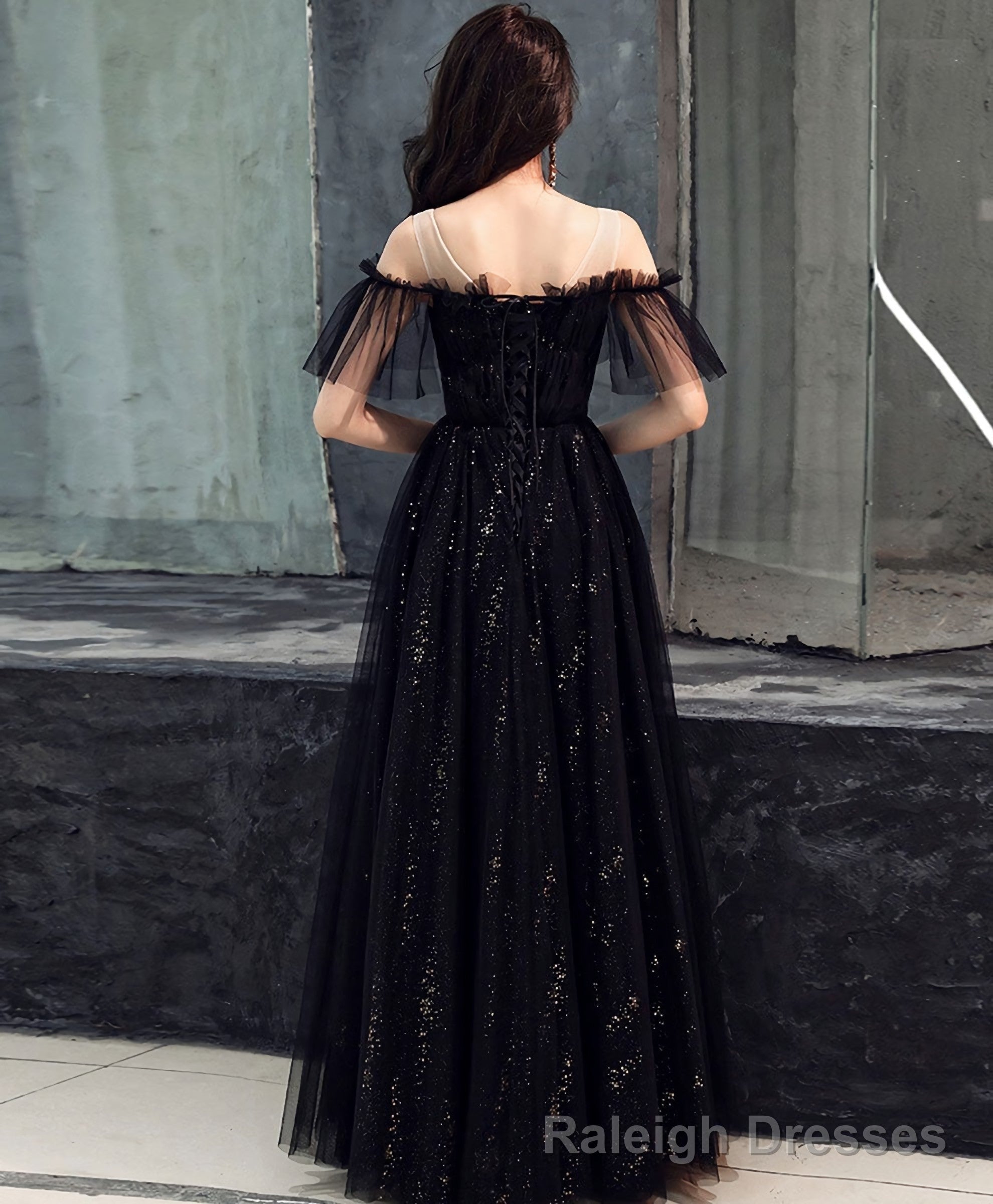 Black Tulle Off Shoulder Long Prom Dress, Black Formal Dress