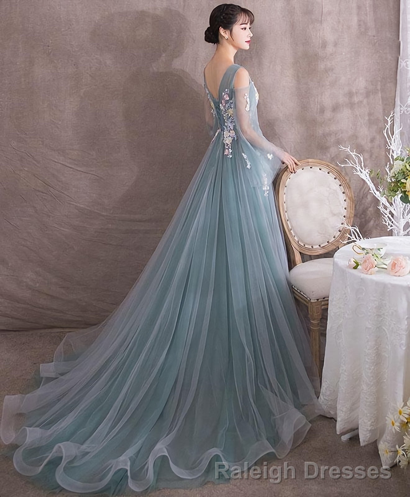 Green V Neck Tulle Lace Long Prom Dress Green Prom Dress