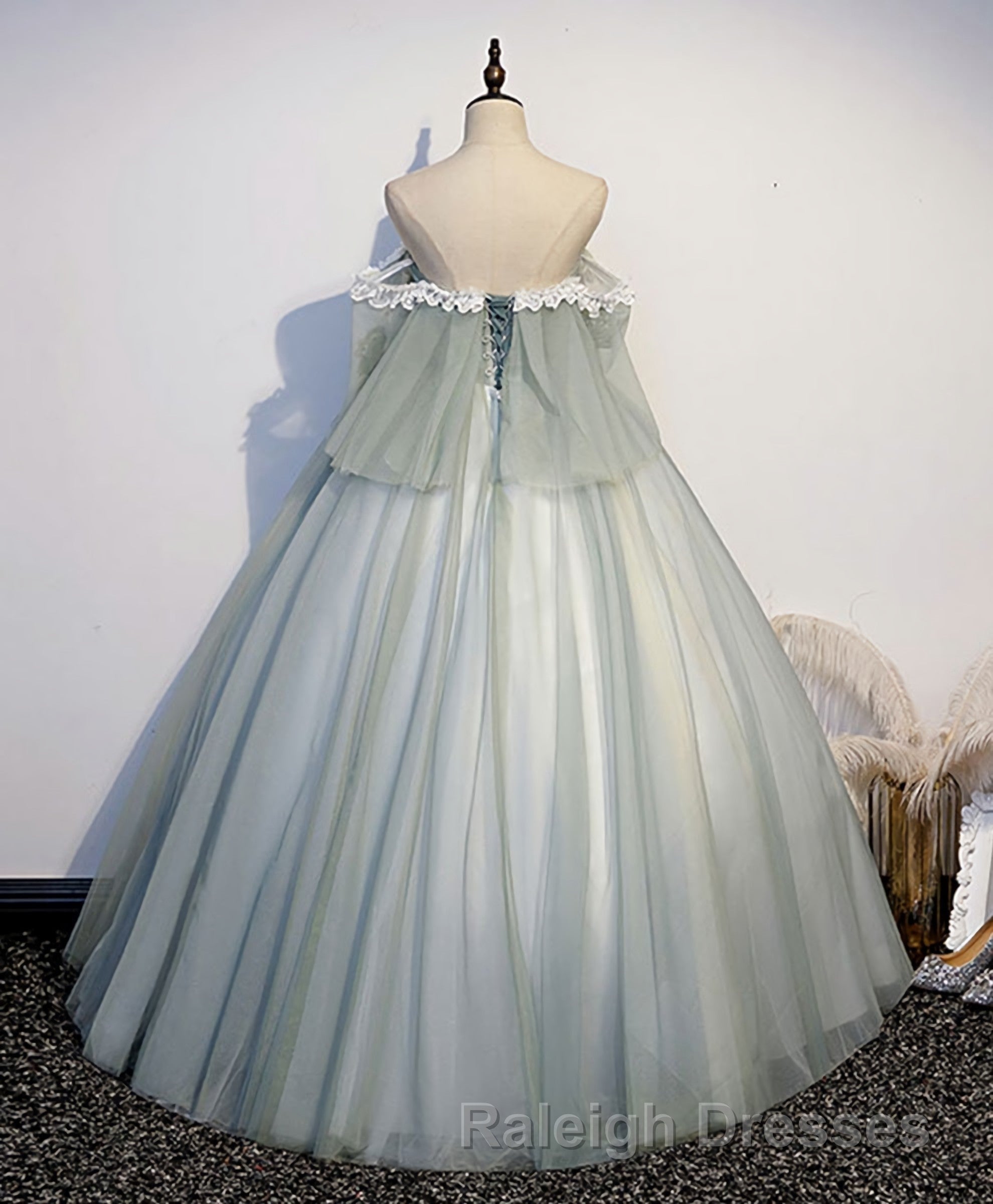 Green Tulle Lace Long Prom Dresses Green Tulle Sweetheart Dresses