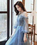 Blue Round Neck Tulle Sequin Long Prom Dress Tulle Evening Dress