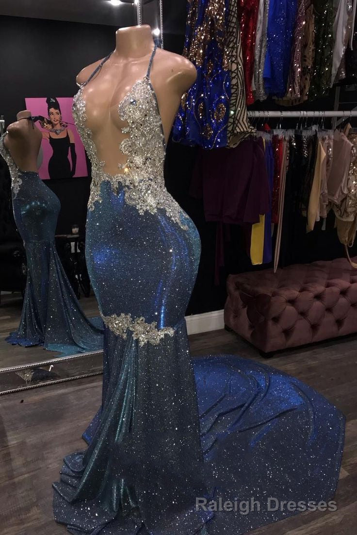 Sheath 2025 Blue Open Front Backless Long Halter Prom Dress