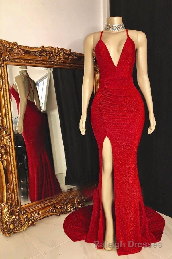 Red Side Slit Sequence V Neck Backless Long Prom Dress 2025