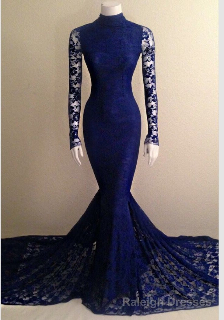 2025 Mermaid Long Sleeves Royal Blue Lace High Neck Long Prom Dress Main image