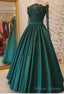 2026 A Line Dark Green Long Sleeves Off Shoulder Appliques Long Prom Dresses