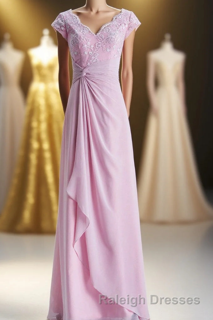 Short Sleeves Pink Appliques Knot Long Bridesmaid Dress Main image
