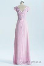Short Sleeves Pink Appliques Knot Long Bridesmaid Dress