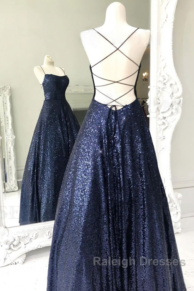 Long Navy Blue Sequin Prom Dress