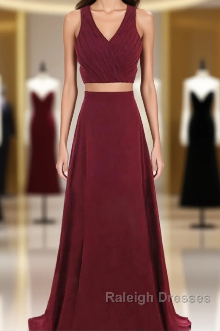 Two Piece Prom Dresses A-Line Floor-length Burgundy Chiffon Prom Dress Main image