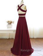 Two Piece Prom Dresses A-Line Floor-length Burgundy Chiffon Prom Dress