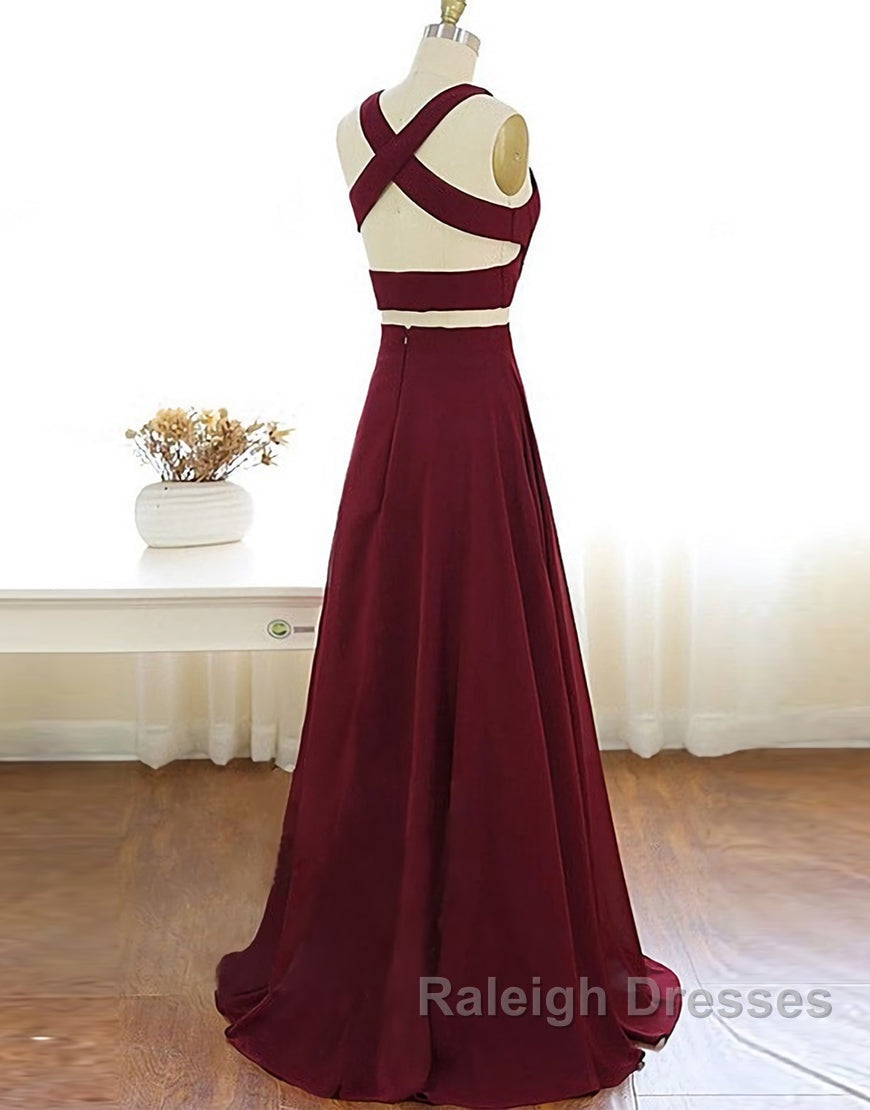 Two Piece Prom Dresses A-Line Floor-length Burgundy Chiffon Prom Dress