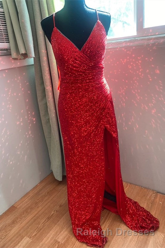 High Slit Blue Sequins Straps Mermaid Prom Dress