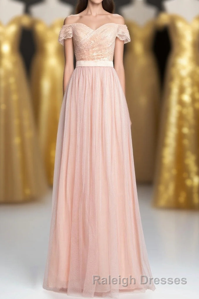 Off the Shoulder Pink Lace and Tulle Long Bridesmaid Dress Main image