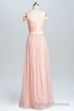 Off the Shoulder Pink Lace and Tulle Long Bridesmaid Dresses