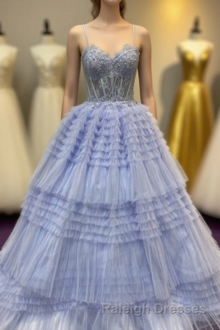 Periwinkle Lace Sweetheart Tiered Long Prom Dress with Ruffles