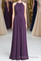 Purple Halter A-line Pleated Long Bridesmaid Dress