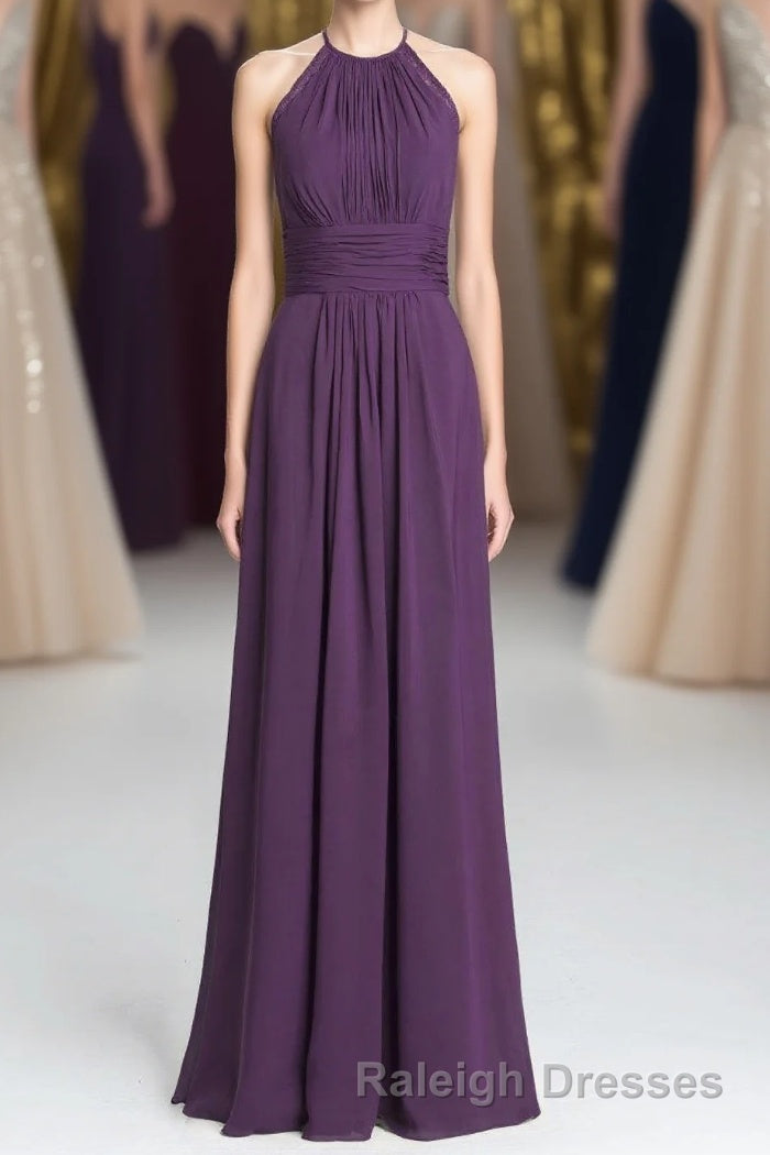 Purple Halter A Line Pleated Long Bridesmaid Dresses Main image