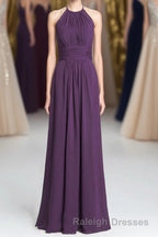 Purple Halter A Line Pleated Long Bridesmaid Dresses