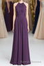 Purple Halter A Line Pleated Long Bridesmaid Dresses