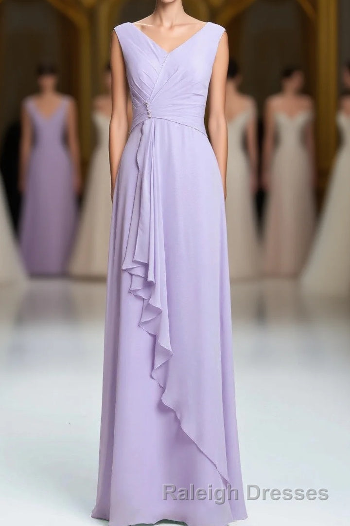 Lavender Chiffon A Line Ruffles Long Bridesmaid Dresses