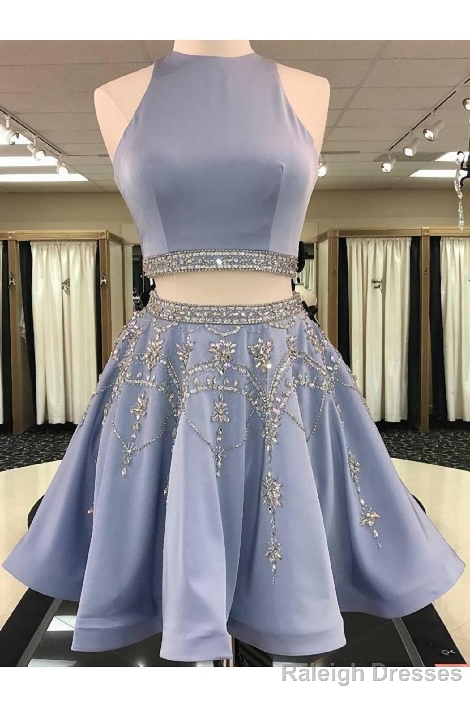 A Line 2 Pieces Beaded Satin Short Homecoming Dress Scoop