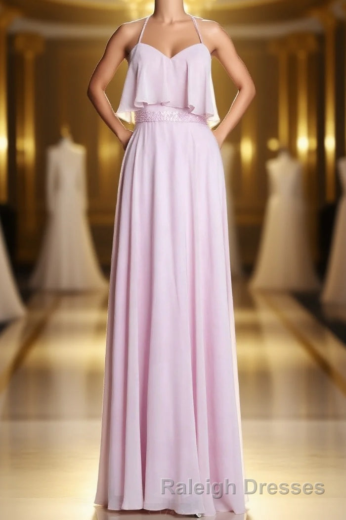 Pink Straps Flounce Chiffon A-line Long Bridesmaid Dress