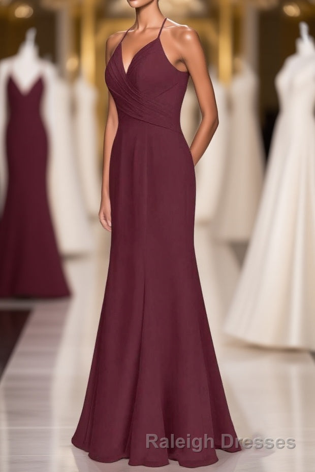 Burgundy Chiffon Cross-Back Mermaid Long Bridesmaid Dress Main image