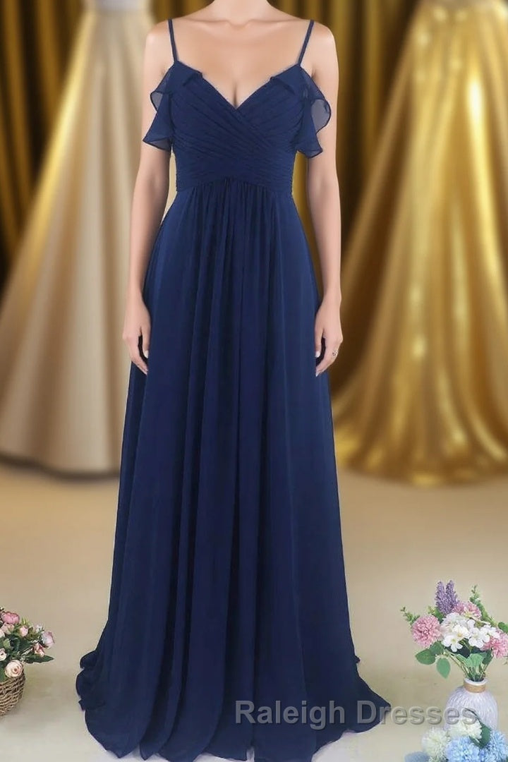 Navy Blue Chiffon Cold-Shoulder A Line Long Bridesmaid Dresses Main image