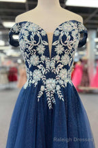 Navy Blue Floral Applique Lace-Up A Line Long Prom Dress