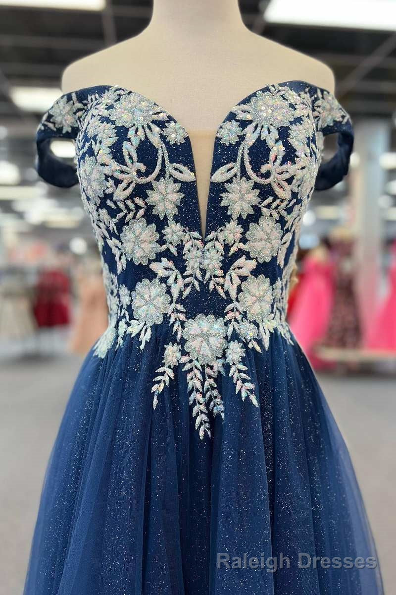 Navy Blue Floral Applique Lace-Up A Line Long Prom Dress