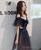 Blue Sweetheart Tulle Off Shoulder Long Prom Dress, Blue Evening Dress