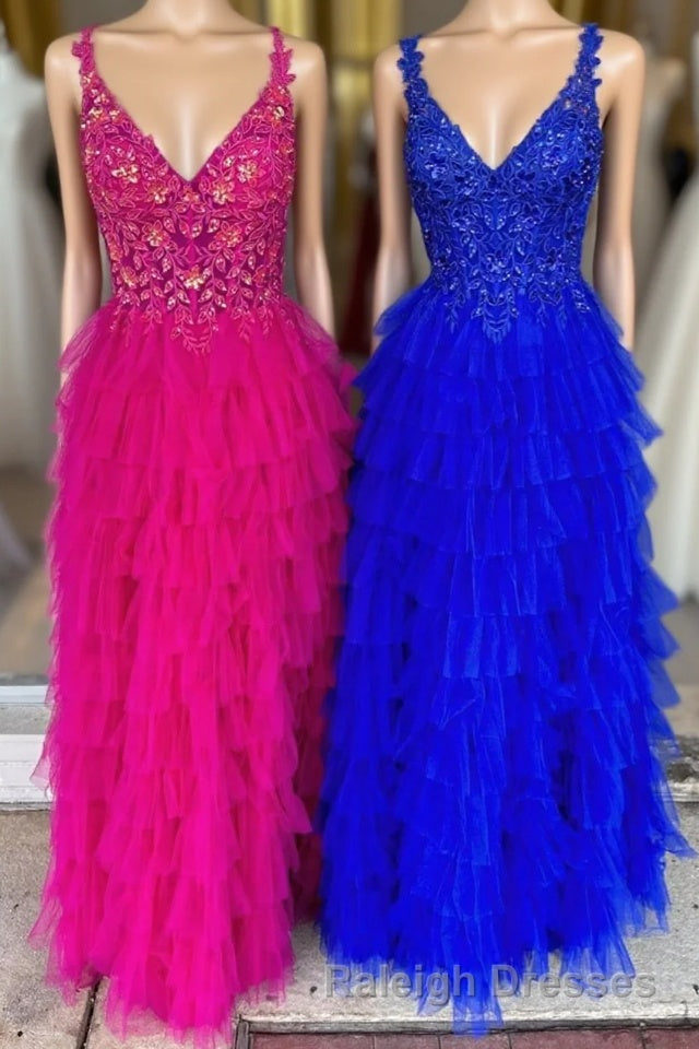 Fuchsia Layers Floral Tulle A-line Long Prom Dress Main image