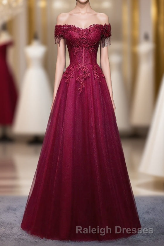 Burgundy Tulle Lace Off Shoulder Long Prom Dress, Burgundy Lace Evening Dress Main image