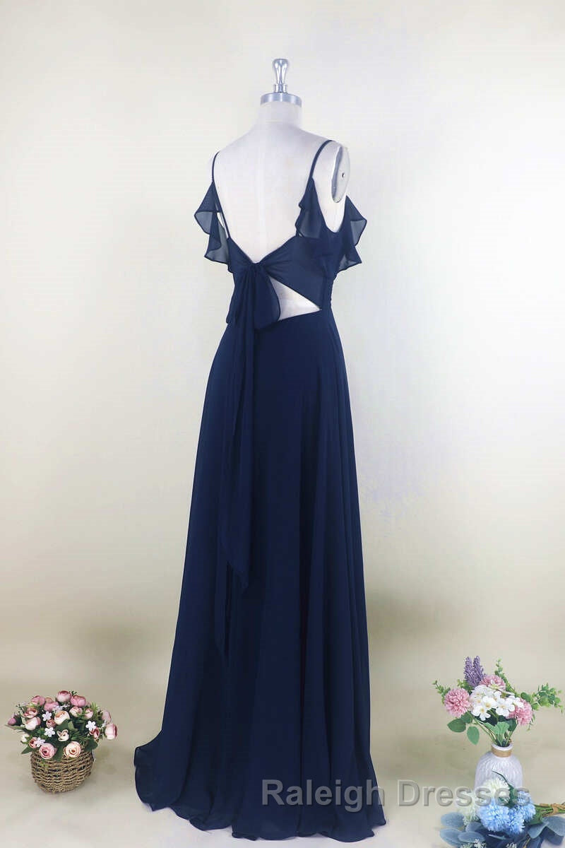Navy Blue Chiffon Cold-Shoulder A Line Long Bridesmaid Dresses
