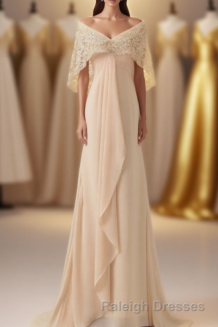 Ruffles Chiffon Long Mother of the Bride Dress with Lace Cape Main image