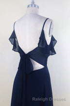 Navy Blue Chiffon Cold-Shoulder A Line Long Bridesmaid Dresses