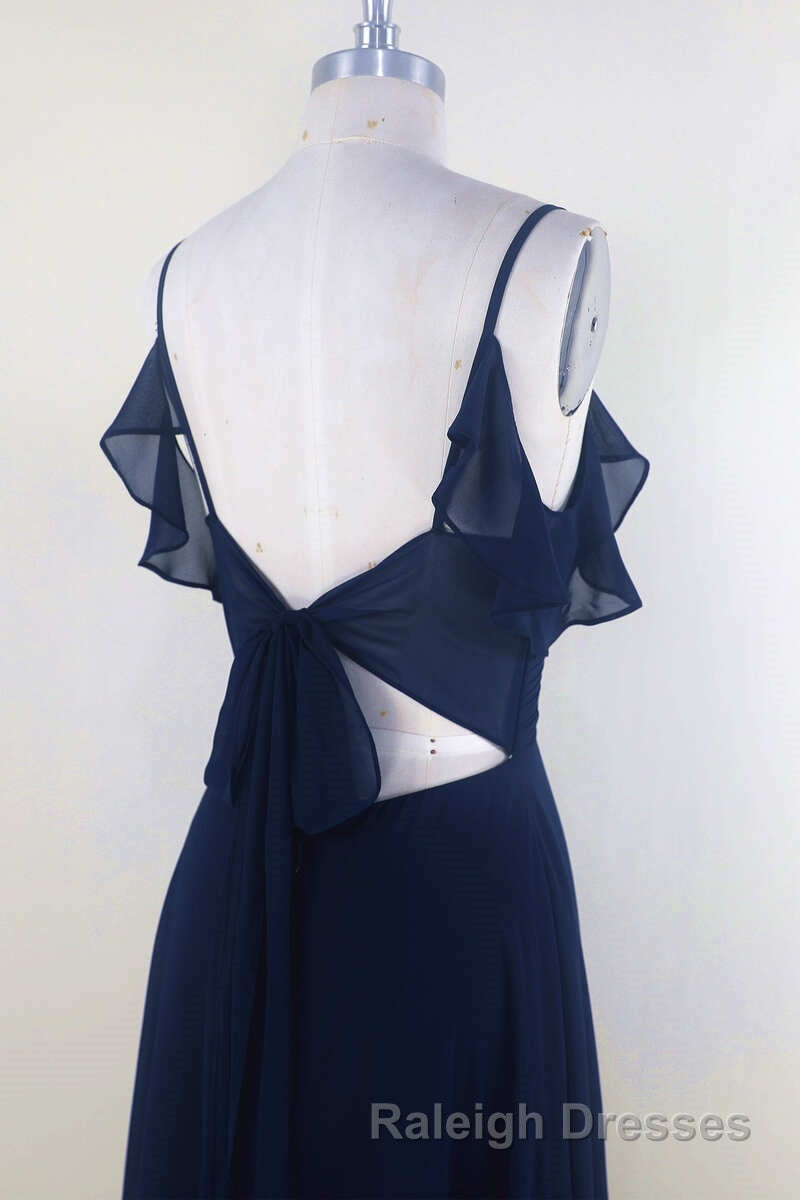 Navy Blue Chiffon Cold-Shoulder A-Line Long Bridesmaid Dress