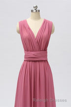 Dusty Rose Chiffon Wrap A Line Long Bridesmaid Dresses