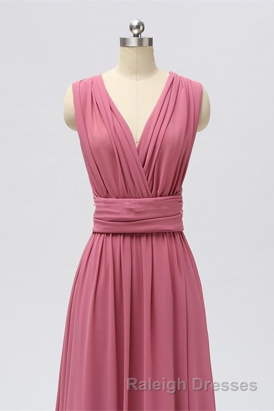 Dusty Rose Chiffon Wrap A Line Long Bridesmaid Dresses