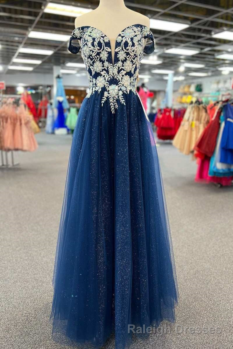 Navy Blue Floral Applique Lace-Up A Line Long Prom Dress Main image