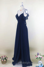 Navy Blue Chiffon Cold-Shoulder A Line Long Bridesmaid Dresses