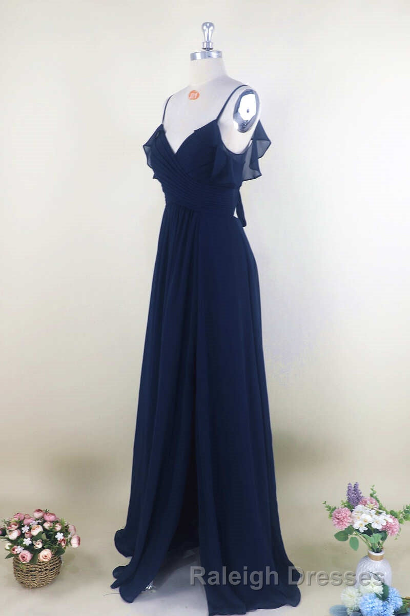 Navy Blue Chiffon Cold-Shoulder A Line Long Bridesmaid Dresses