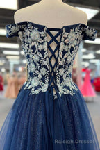 Navy Blue Floral Applique Lace-Up A Line Long Prom Dress