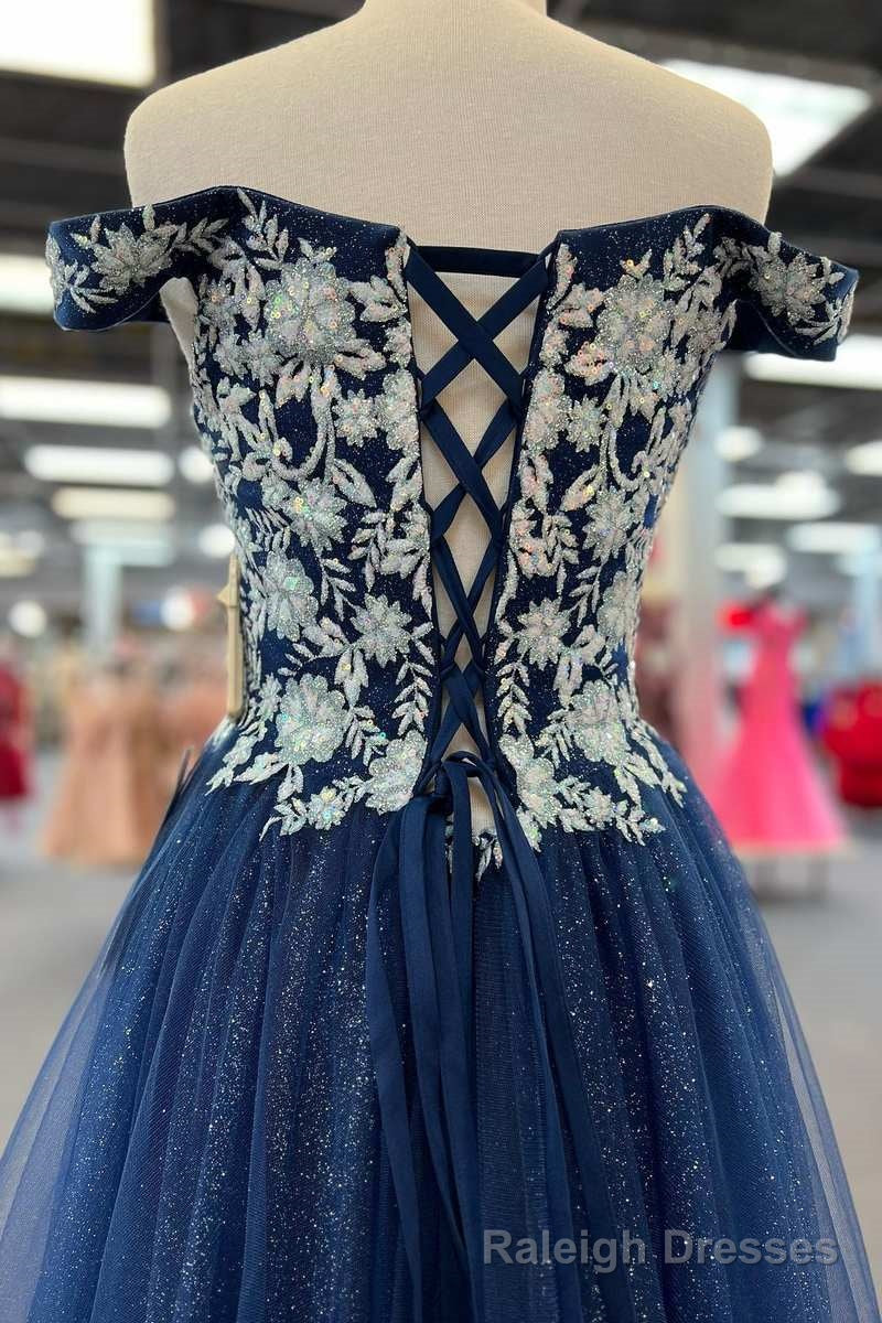 Navy Blue Floral Applique Lace-Up A Line Long Prom Dress