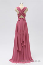 Dusty Rose Chiffon Wrap A Line Long Bridesmaid Dresses